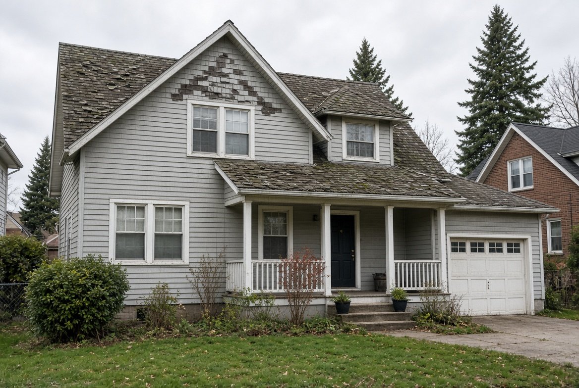 House with a worn asphalt shingle roof. Illustrative before example, not the same property as the metal roof.